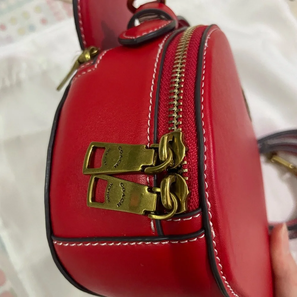 COACH Red Round Ear Crossbody Bag with Gold Logo